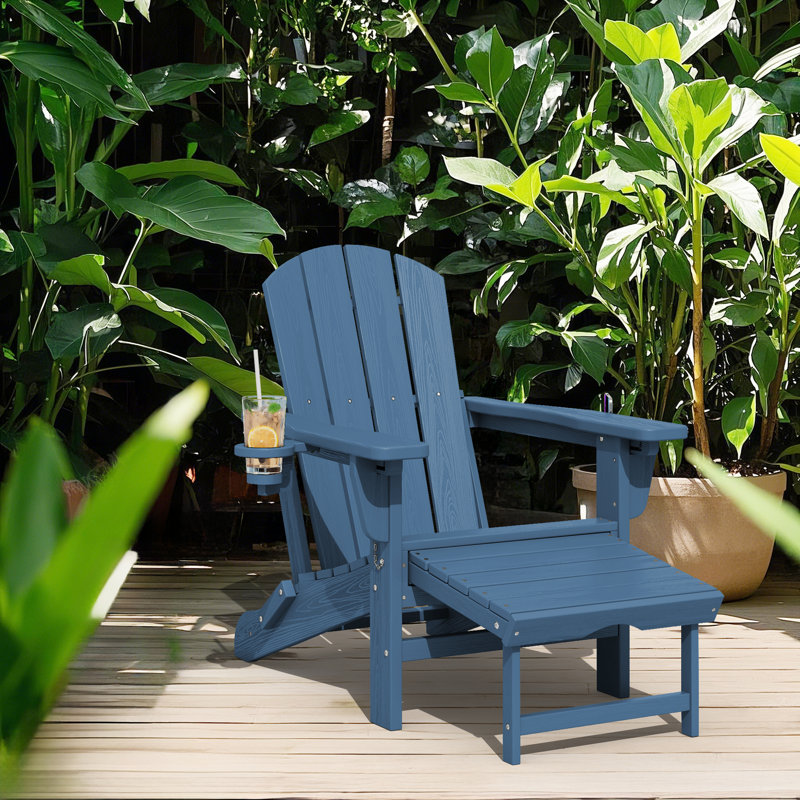 HDPE Foldable Adjustable Outdoor Adirondack Chair With Ottoman and Double Cup Holder, Lemon Yellow