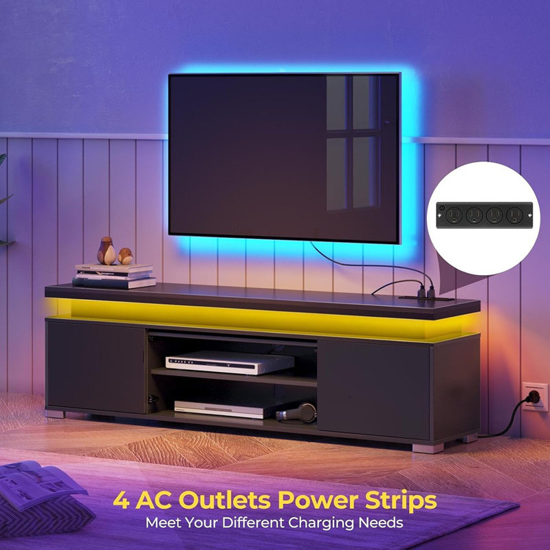 Meuble télé avec prise de courant et lumières DEL - Meuble audio-vidéo moderne avec grande armoire de rangement [Noir] - [Bois / Moderne / Console multimédia]