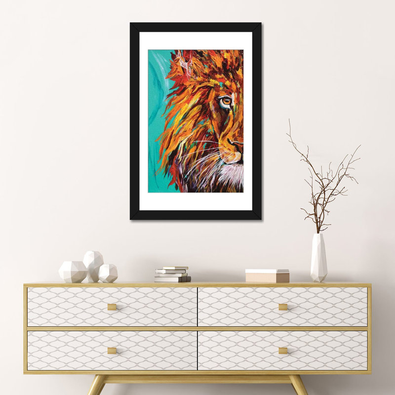 « lion i », impression sur toile, Papier d'art encadré noir, Blanc, H 32 po x l 24 po x P 1 po