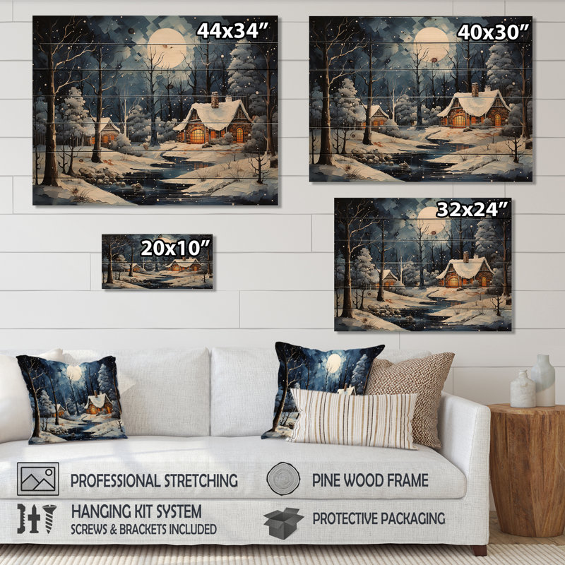 Christmas Winter Cottage Scenery II - Paysage d'hiver sur bois, H 24 po x l 32 po