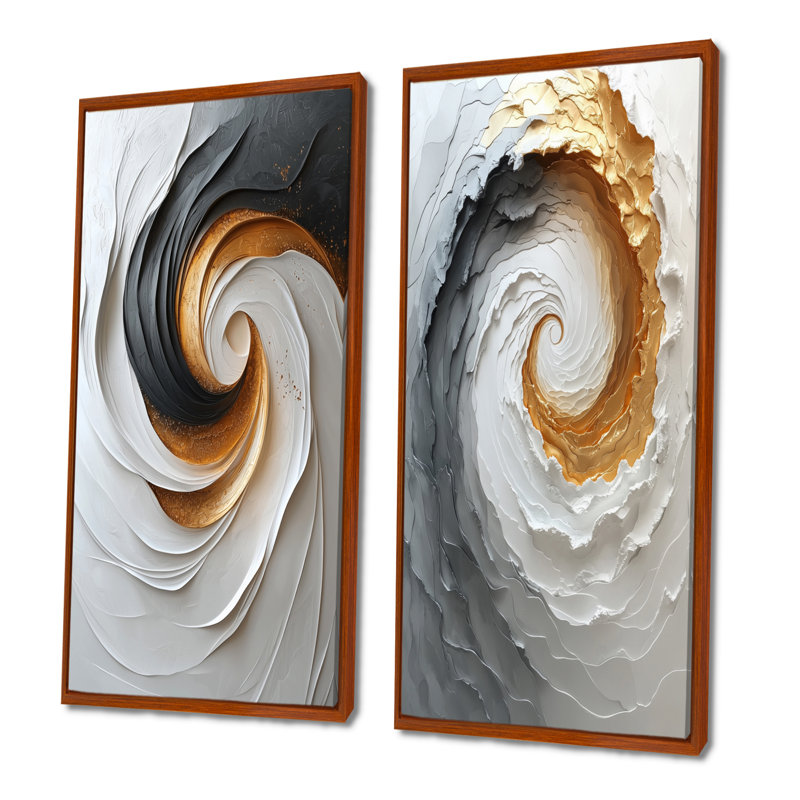 Tornade blanche et dorée abstraite I - ensemble de 2 pièces d'art abstrait en spirales, H 40 po x l 40 po