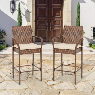 Outdoor Patio Wicker Bar Stools Set Of 2, Pe Wicker Rattan Bar Stools With Removable Cushions, Ergonomic Armrests & Backrest, All-weather Outdoor Bar