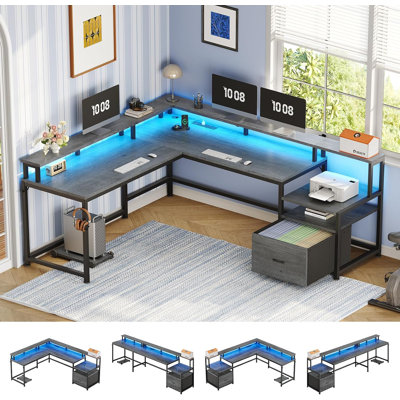 Modular L-Shaped Steel Computer Desk with Built-In Electrical Outlet