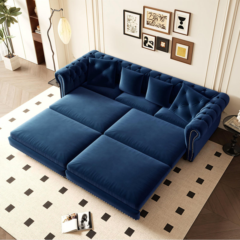 89" Velvet Upholstered Chesterfield Sofa King-Size Pull-Out Sofa Bed, Convertible Sleeper Couch with 4 Pillows, Blue, Blue