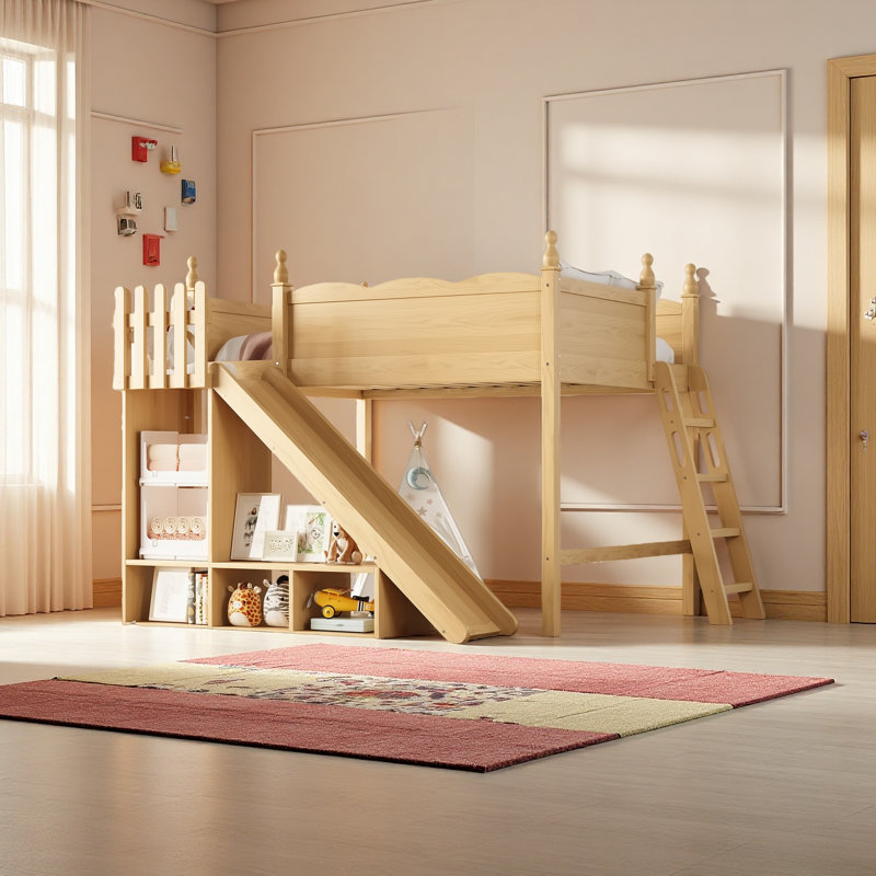 Lit mezzanine double avec tablettes et armoire de rangement, lits mezzanine en bois massif avec glissières amovibles et échelles, aucune boîte à ressorts nécessaire
