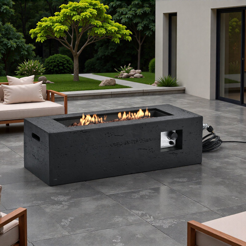 Mgo Propane Outdoor Rectangular Fire Pit With Side Cutout Handles, Steel Burner, Adjustable Flame Control, Lava Rocks And Rain Cover