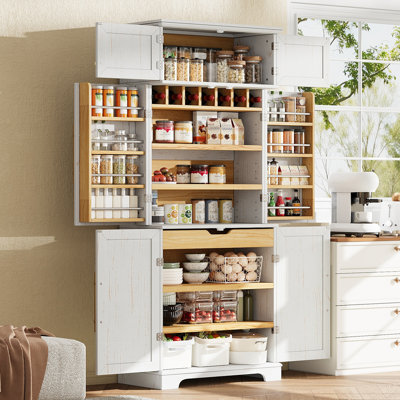Armoire de garde-manger avec tablettes de porte, tiroir caché et porte-bouteilles