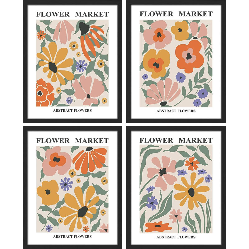 «Flower Market», reproduction encadrée de 4 pièces, Cadre noir, H 16 po x l 12 po x P 1 po