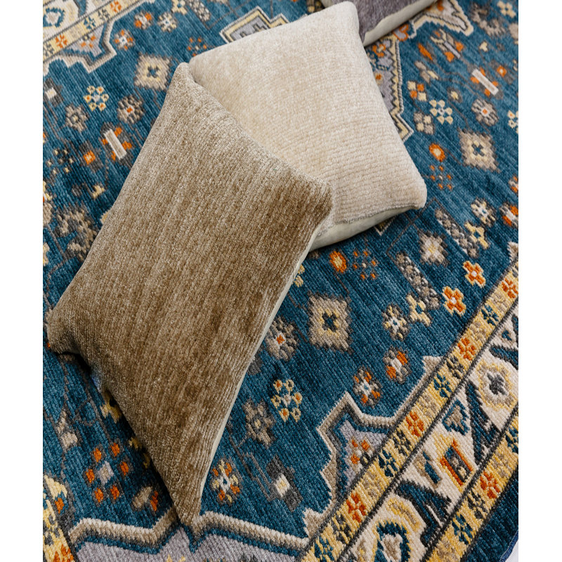 Tapis oriental en polyester tissé à la machine bleu / beige / ivoire, Rectangle 6 pi 7 po x 9 pi 6 po