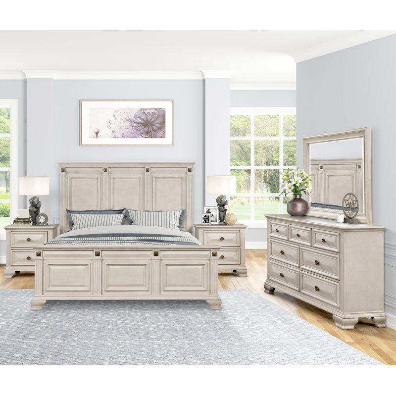 Samuelsson Solid Wood Standard Bedroom Set, Distressed Parchment, King
