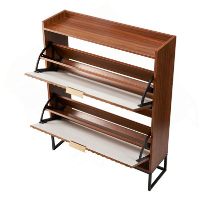 Shoe Cabinet With 2 Flip Drawers, Mid-Century Shoes Storage Cabinet With Anti-Tipping Device, Freestanding Fluted Shoe Organizer, Ideal For Entrance, Hallway, Bedroom, Living Room