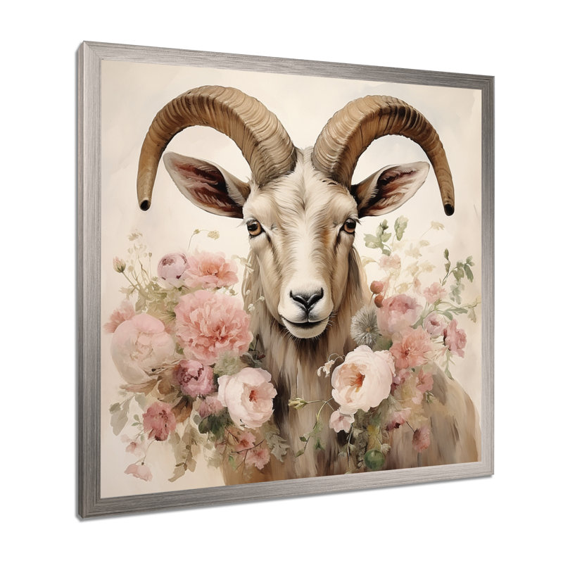 Alpin, chèvre rétro, portrait floral I - impressions sur toile de chèvre, Cadre simple argenté, H 36 po x l 36 po x P 1,5 po
