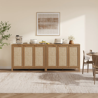 Buffet 43,5 po à 3 portes en rotin avec tablettes réglables, crédence moderne avec armoire de rangement Boho Farmhouse