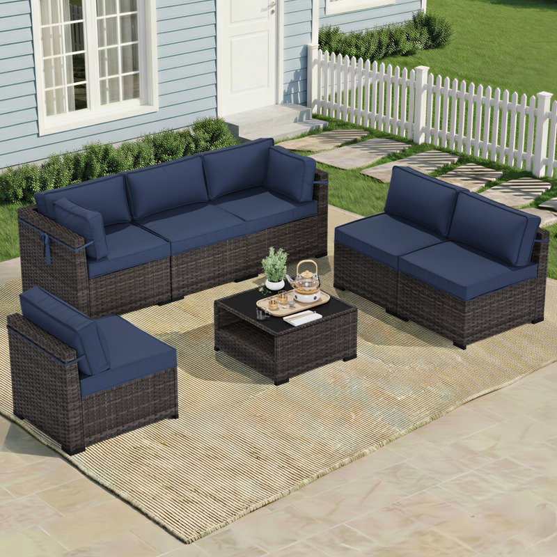 6-Person All-Weather Wicker Modular Patio Conversation Set with Thick Supportive Cushions, Blue