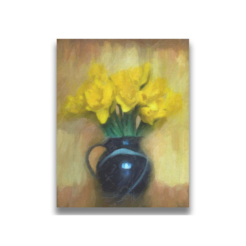 Daffs rétro dans un vase par Hal Halli. Impression sur papier - Montée et encadrée, H 34 po x l 44 po