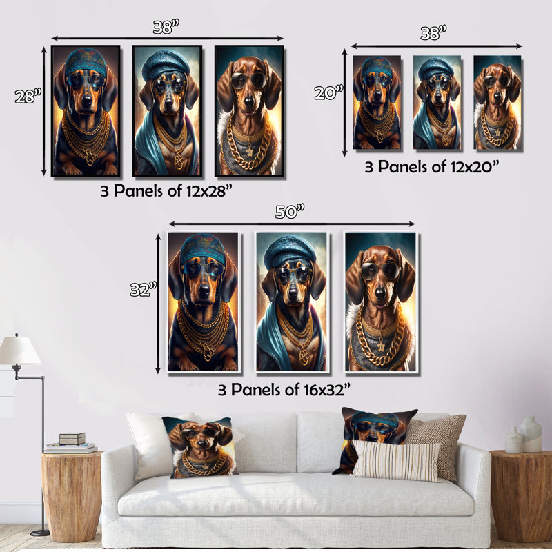 «Dachshund Gangster In NYC», 3 pièces sur toile, Noir, H 20 po x l 36 po