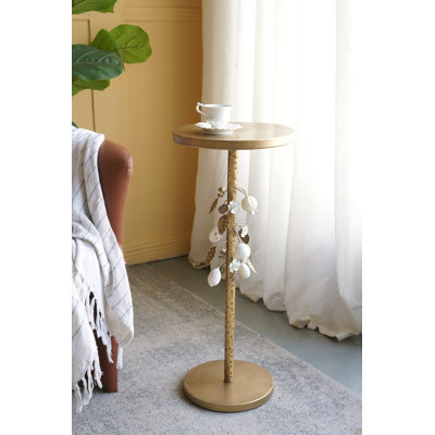 11.8X11.8X28.3" Round Iron Side Table With Gold And White Floral Accents And Cement Base