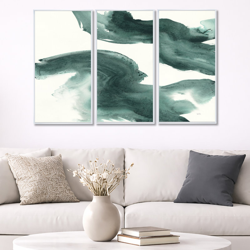Gouache vert sur gris I - ensemble d'art moderne sur toile encadrée moderne et contemporain de 3, H 28 po x l 36 po, Blanc