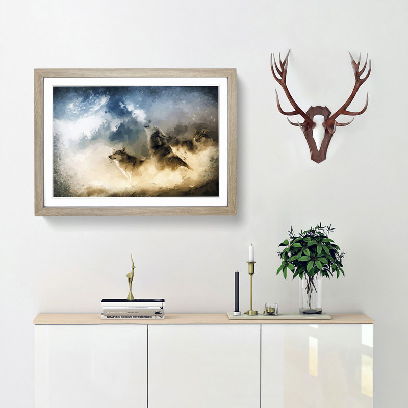 Wolves Howling in the Forest in Abstract - Framed Print, 60cm H x 91cm W x 2cm D, Oak