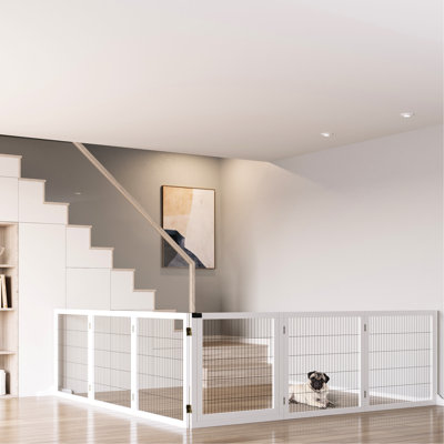 Wooden Dog Gate, 170", White. Foldable 6 Pet Barrier. Stable Made Of Pinewood And Steel. 2 Support Feet For Stability. Easy Exit Lock. For Small & Medium Dogs. Suited Doorway, Stairs, Hallway 170"