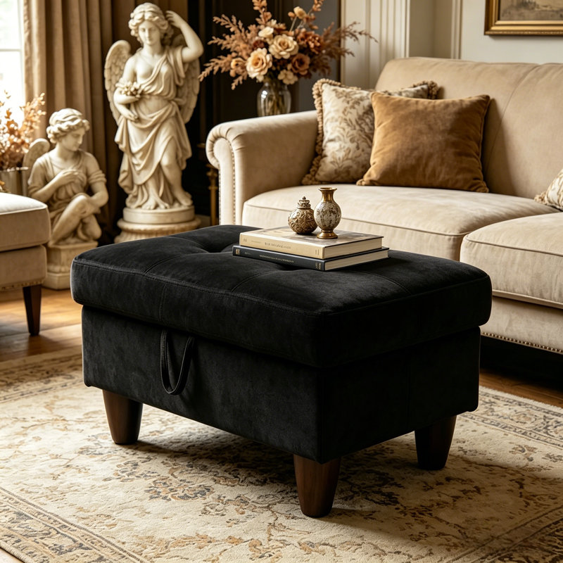 Repose-pieds rectangulaire multifonctionnel avec repose-pieds et rangement caché, Velours noir