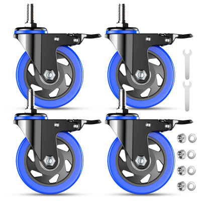 Set of 4 4 Inch Locking Swivel Threaded Stem Casters 3/8"-16UNC x 1", Heavy Duty Double Lock Silent Wheels for Carts Furniture