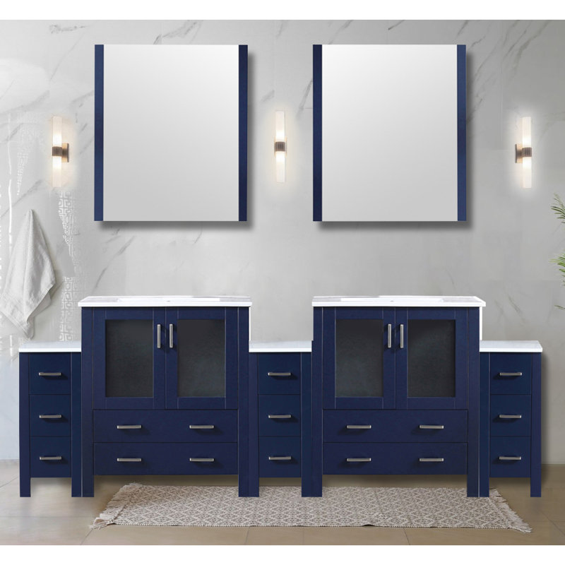 Navy Blue Double Bath Vanity 96 In. W X 18.25 In. D, With Side Cabinets, And White Ceramic Top, Navy Blue