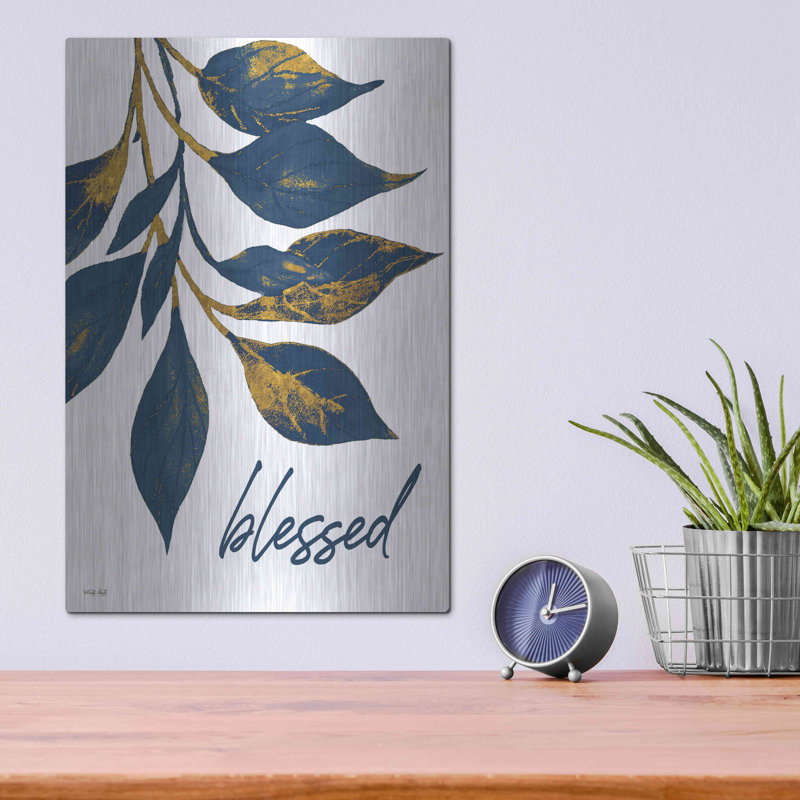 «Blessed Navy Gold Leaves» par Cindy Jacobs, art mural en métal, H 16 po x l 12 po