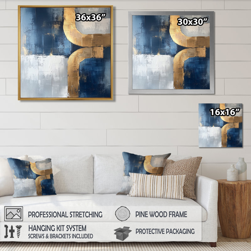 Nyklaus géométrique or bleu et gris Pure Form II - art géométrique abstrait, H 16 po x l 16 po, Impression encadrée flottante