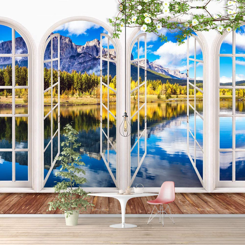 Adhésif mural fenêtre vue de la nature, L 100 po x L 144 po