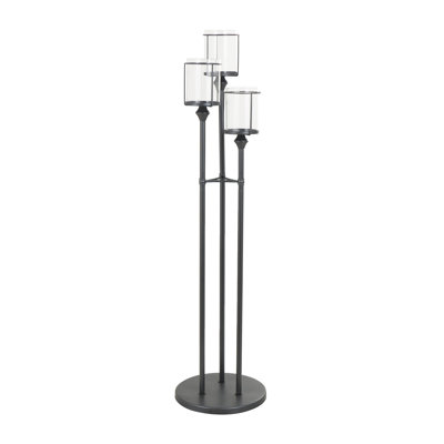Metal Tall Floor Black Hurricane Lamp with 3 Posts and Round Base