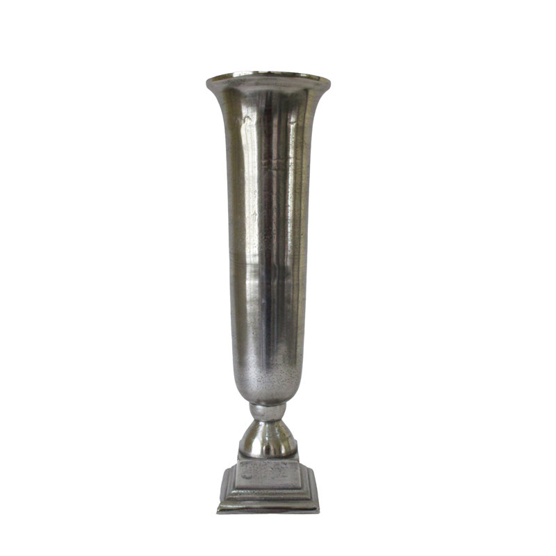 Trumpet Urn Vase On A Square Pedestal Base, Silver, 23" H x 7" W x 7" D