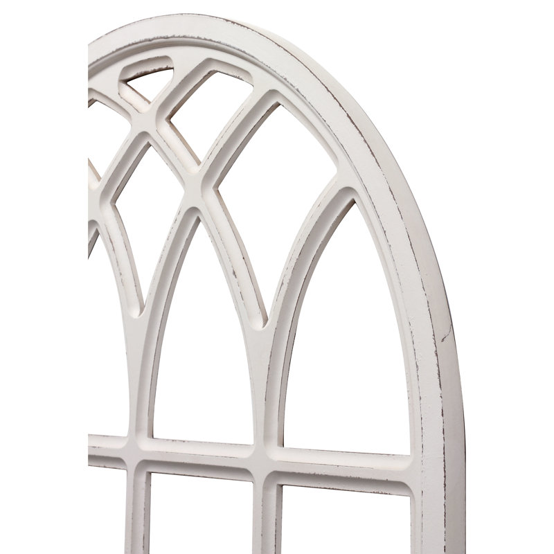32 Inch Distressed White Wood Arched Window Frame Wall Decor, Handmade Rustic Window Pane