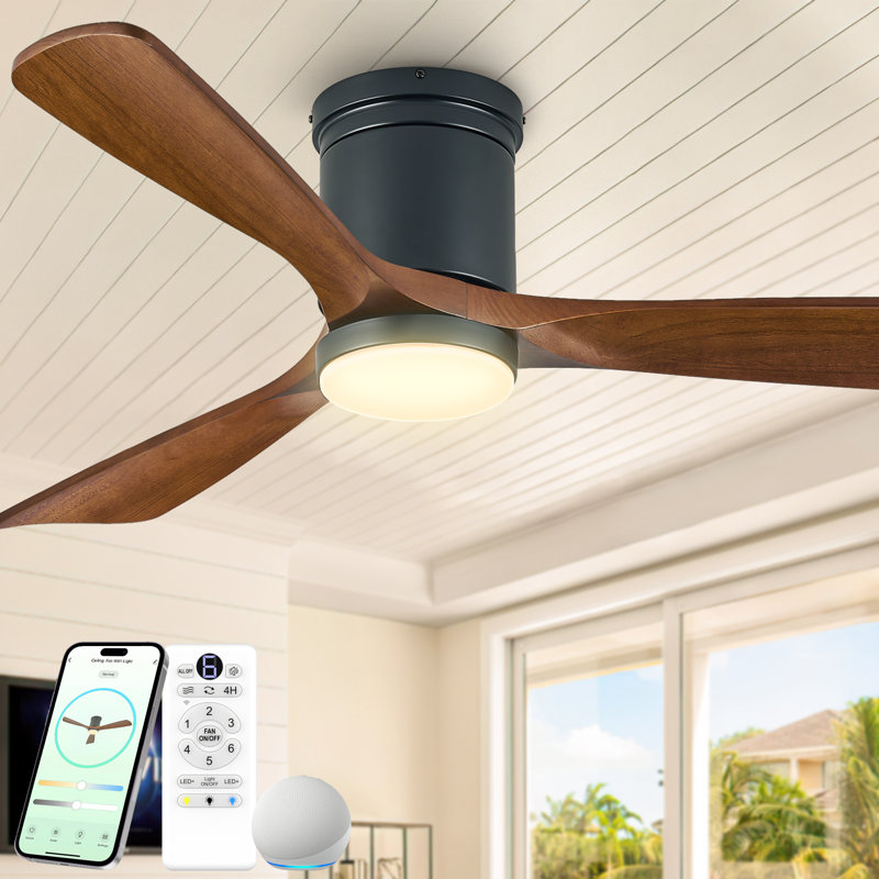 52" Smart Flush Mount Ceiling Fan with Light, 3CCT, Reversible Motor, Remote Control, APP&Voice Control, and Solid Wood Blades