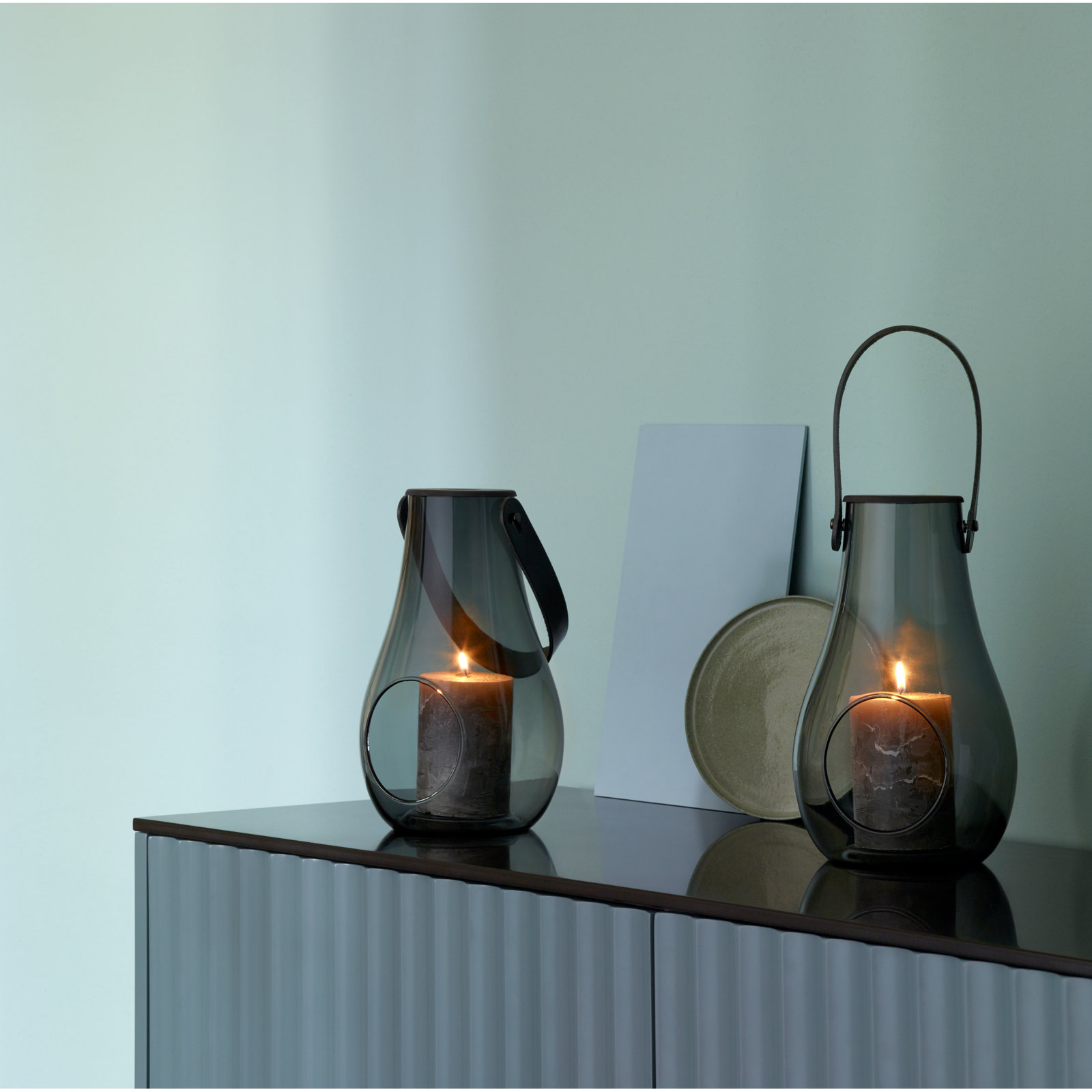 Glass Lantern Candle Holder, 11.4" H x 6.7" W x 6.7" D, Smoke