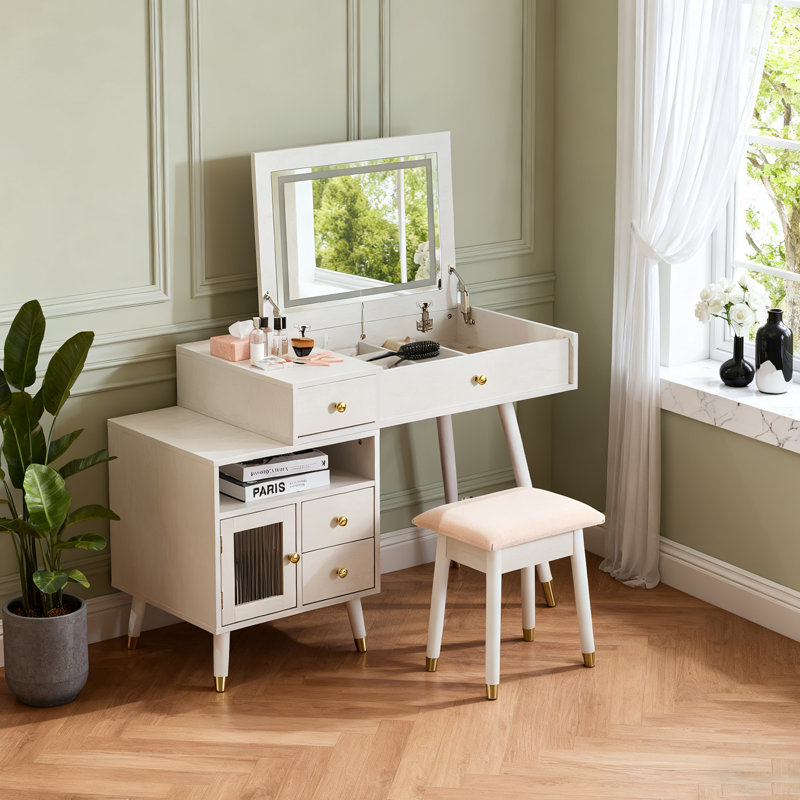 3-In-1 Vanity Desk With Lighted, Flip-Top Mirror & Adjustable Cabinet, Makeup Dressing Table With Stool, White