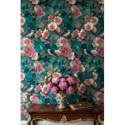 Floral Wallpaper Birds Teal Removable Wall Decor