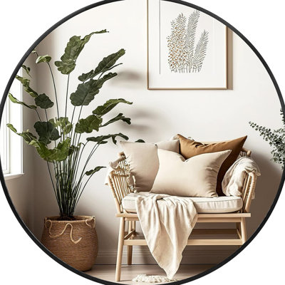 36 Inch Black Metal Framed Round Bathrrom Mirror for Wall.