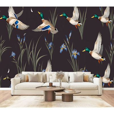 Papier peint auto-adhésif à motif de fleurs d'iris bleues à motif de canard colvert foncé H 100 po x l 144 po adhésif mural en PVC amovible pour chambre à coucher, bureau à domicile