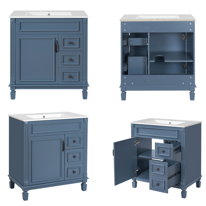 Ensemble de meuble-lavabo autoportant, tablette réglable, Bleu