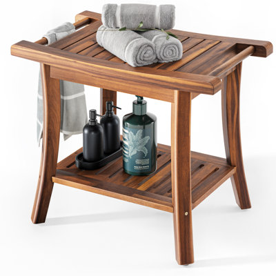 22"W Acacia Wooden Shower Bench Seat – Shower Stool For Inside Shower With Shelf – Bathroom Bench Chair Spa Shower Seat – Shower Chair 