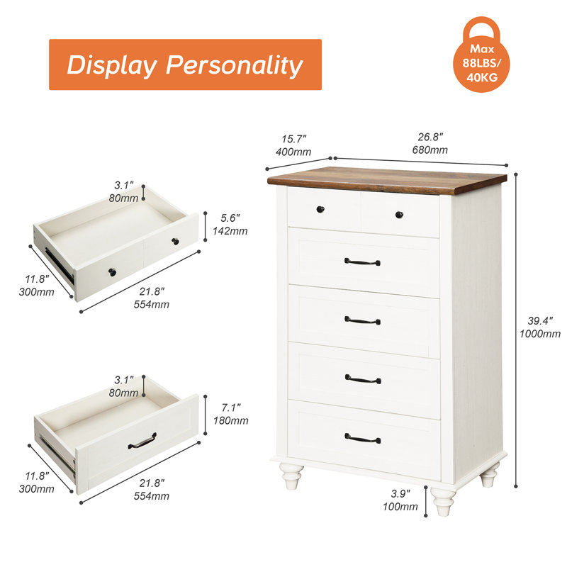 Commode à 5 tiroirs Scarlett Kids, Blanc cassé
