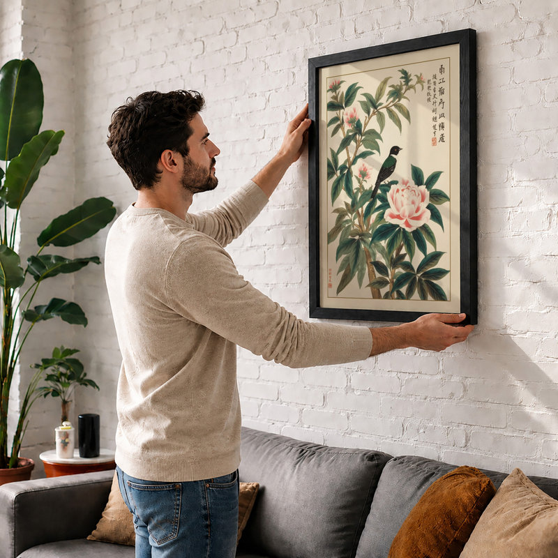 Bird Among Peonies Japandi - Framed Print, Walnut, A3 - 42.0 x 29.7 cm