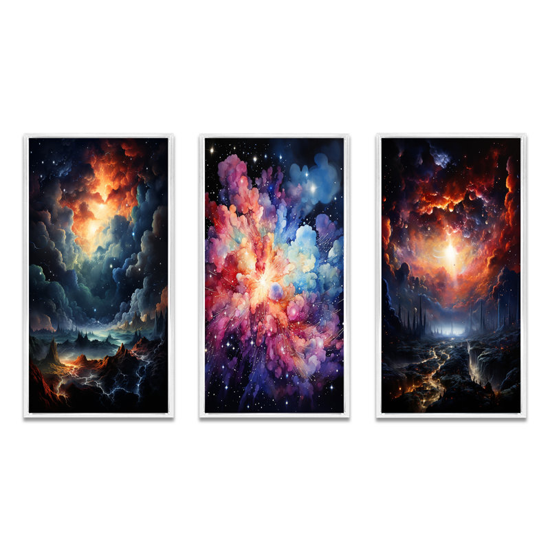 «Galaxy Celestial Fireworks», 3 pièces sur toile, Cadre blanc, H 28 po x l 36 po