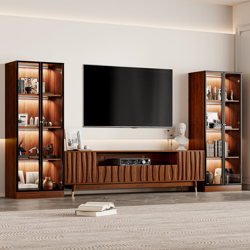 Mid Century Modern Brown Entertainment Center Walnut Finish For Tvs Up To 85'', Wood Media Console Includes Tv Stand And Glass Display Shelves For Living Room And Bedroom