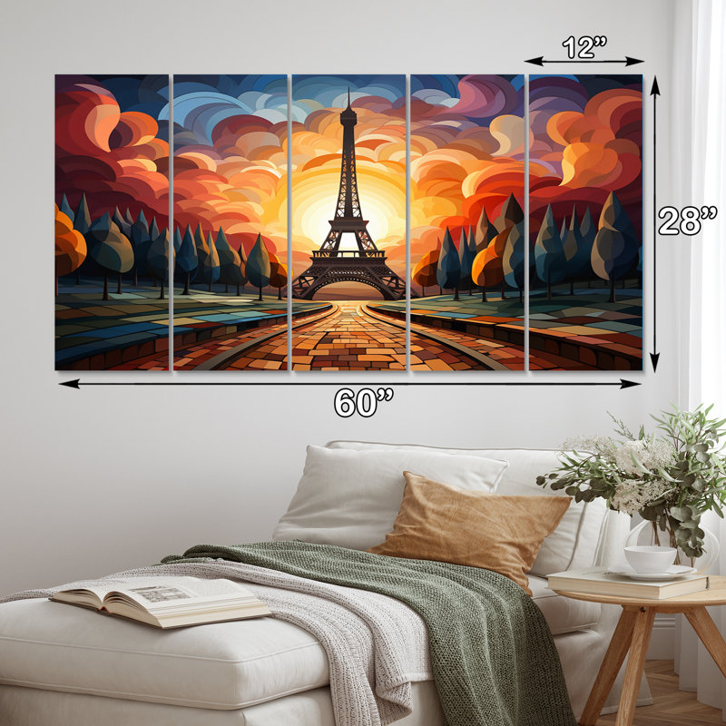 «Majestic Rainbow Sunset Eiffel Tower In Paris IV - City Paris, reproduction sur toile - 5 panneaux égaux