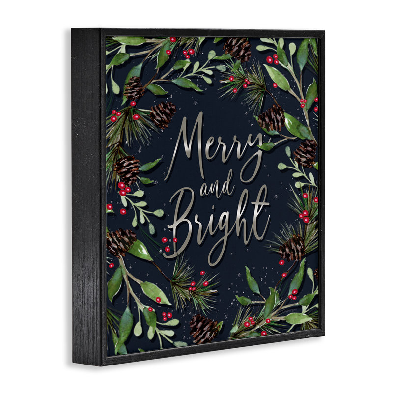 «Merry & Bright» avec feuilles de houx, estampe numérique, conception par Elizabeth Tyndall, Giclée encadrée noir minuit