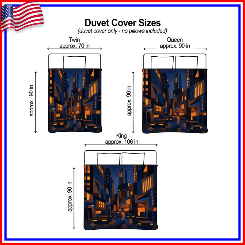 Housses de couette Urban Cityscape Illustration, Grand lit, Dark Navy Blue and Bright Amber