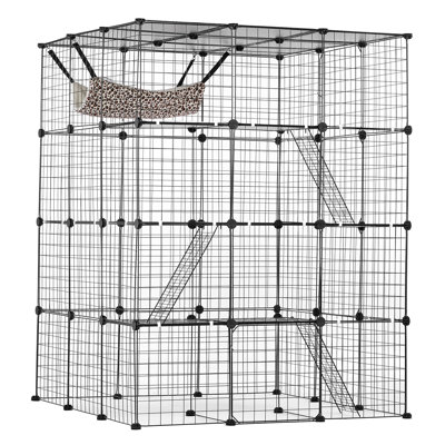 Grande cage à chat à 4 niveaux, 41 x 41 x 55 pouces (104 x 104 x 140 cm), avec 4 portes avant, hamac, rampe d'accès et échelles. Enclos en métal amovible pour chat. Idéal pour une utilisation à l'intérieur et à l'extérieur, pour les chats et les petits animaux. Couleur : noir.
