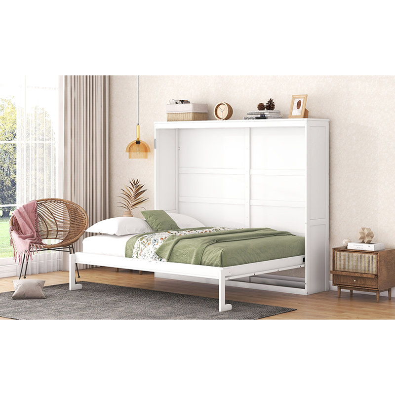 Lit mural blanc Queen Size, idéal pour les pièces multifonctionnelles, gain de place grâce à son panneau en contreplaqué pliable pour les petits espaces, et sa construction